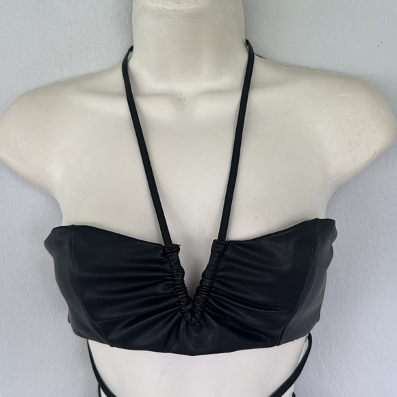 ZARA black leather strappy lace up bandeau v-cut halter crop top size small - Picture 6 of 13